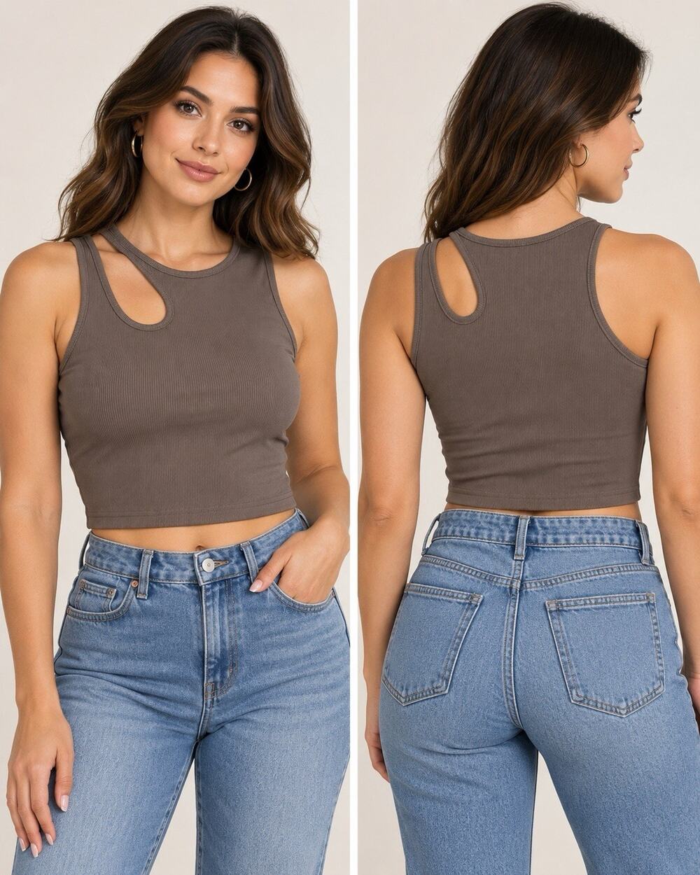 SHEIN Women’s XL Brown Taupe Ribbed Cutout Asymmetrical Crop Tank Top